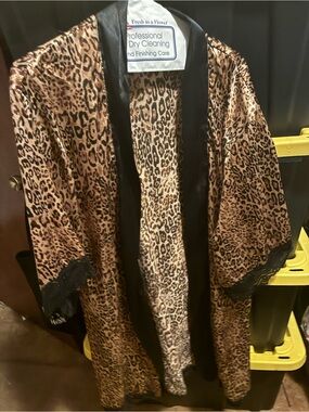Metaphor Leopard Print Satin Robe with Black Trim